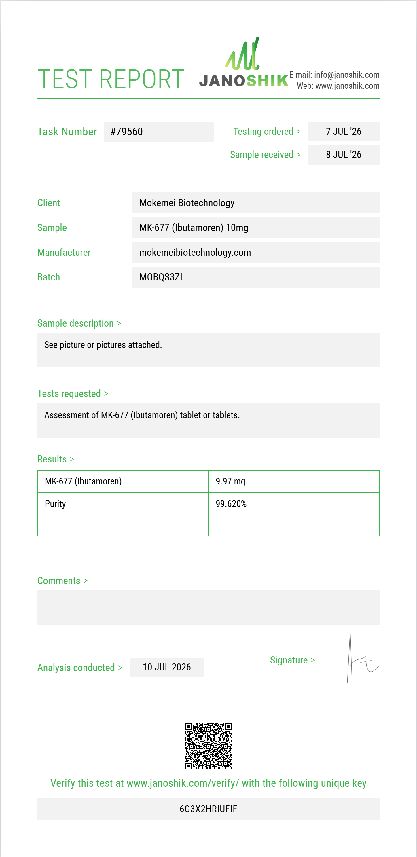 MK-677 (Ibutamoren) Purity (HPLC) report by Janoshik Analytical