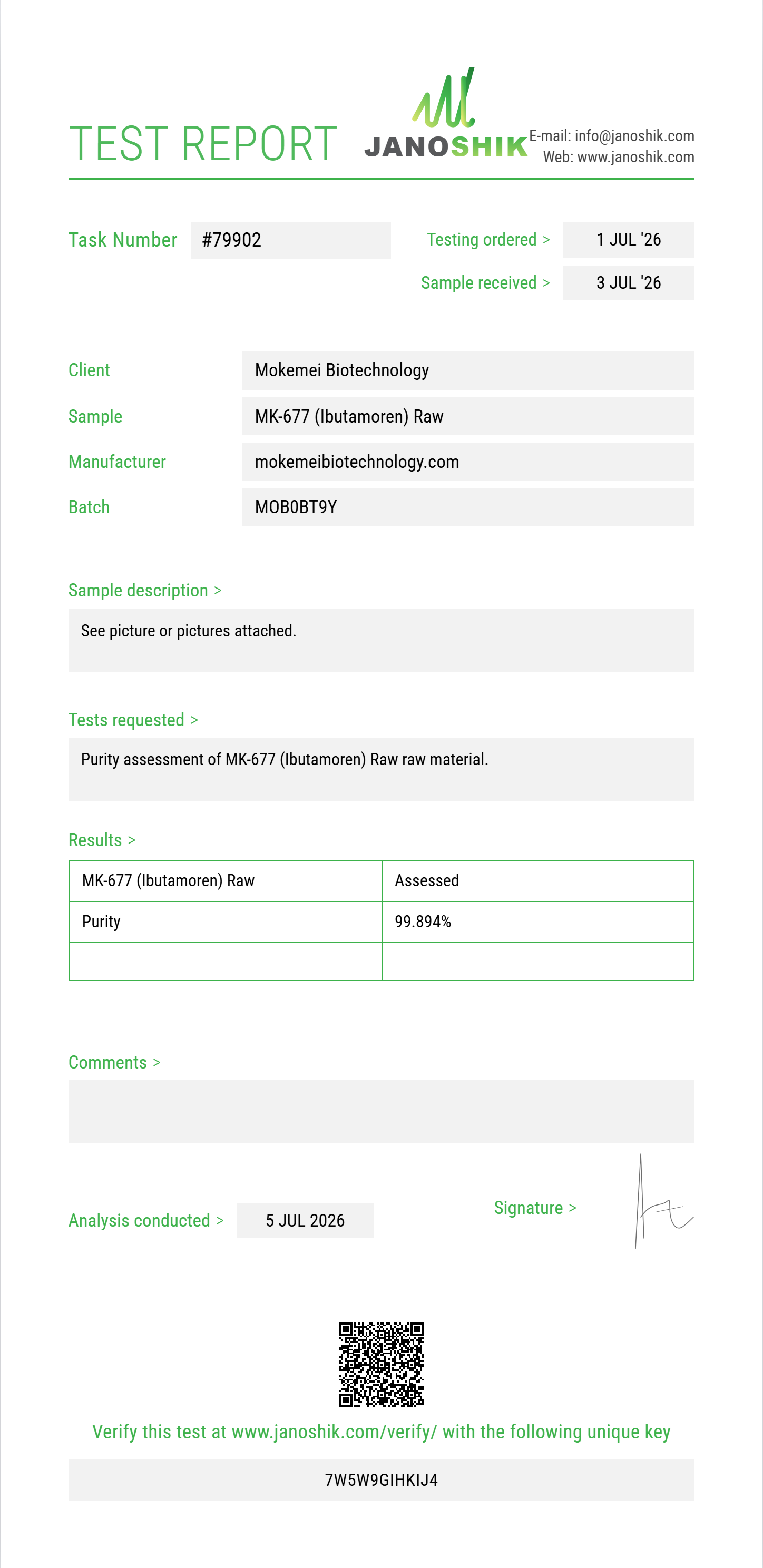 MK-677 (Ibutamoren) Raw Purity (HPLC) report by Janoshik Analytical
