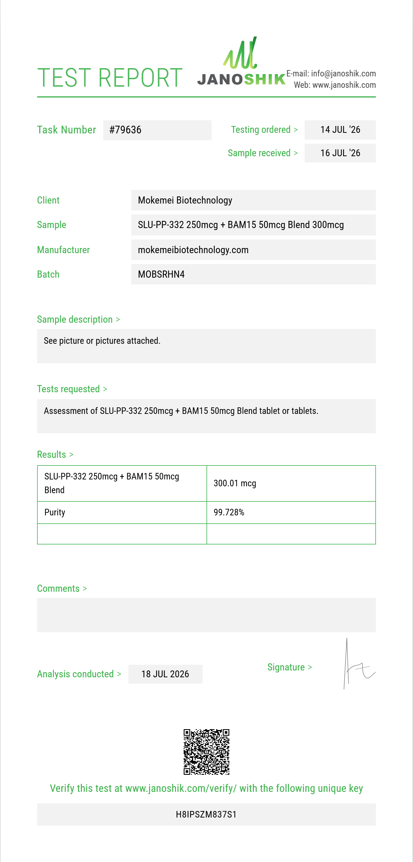 SLU-PP-332 250mcg + BAM15 50mcg Blend Purity (HPLC) report by Janoshik Analytical