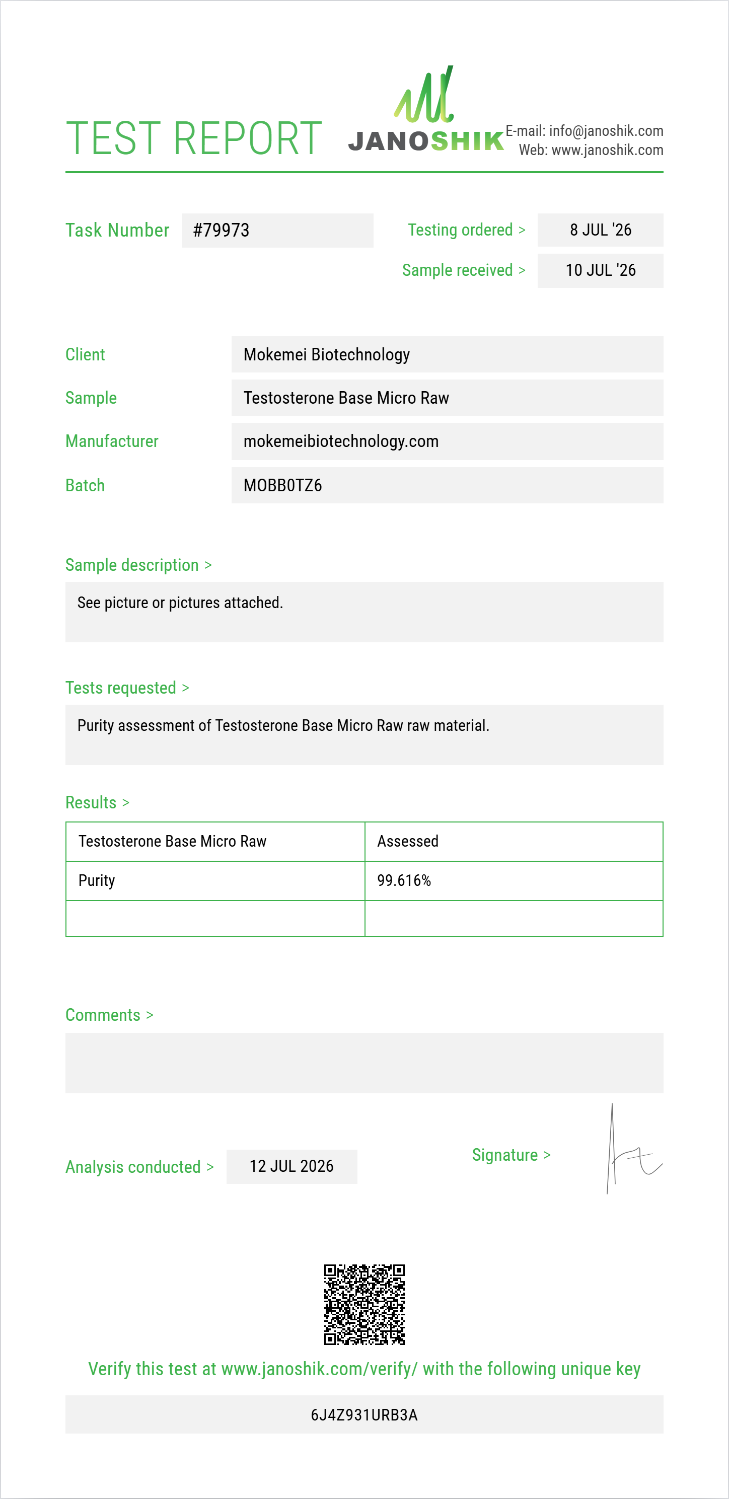 Testosterone Base Micro Raw Purity (HPLC) report by Janoshik Analytical