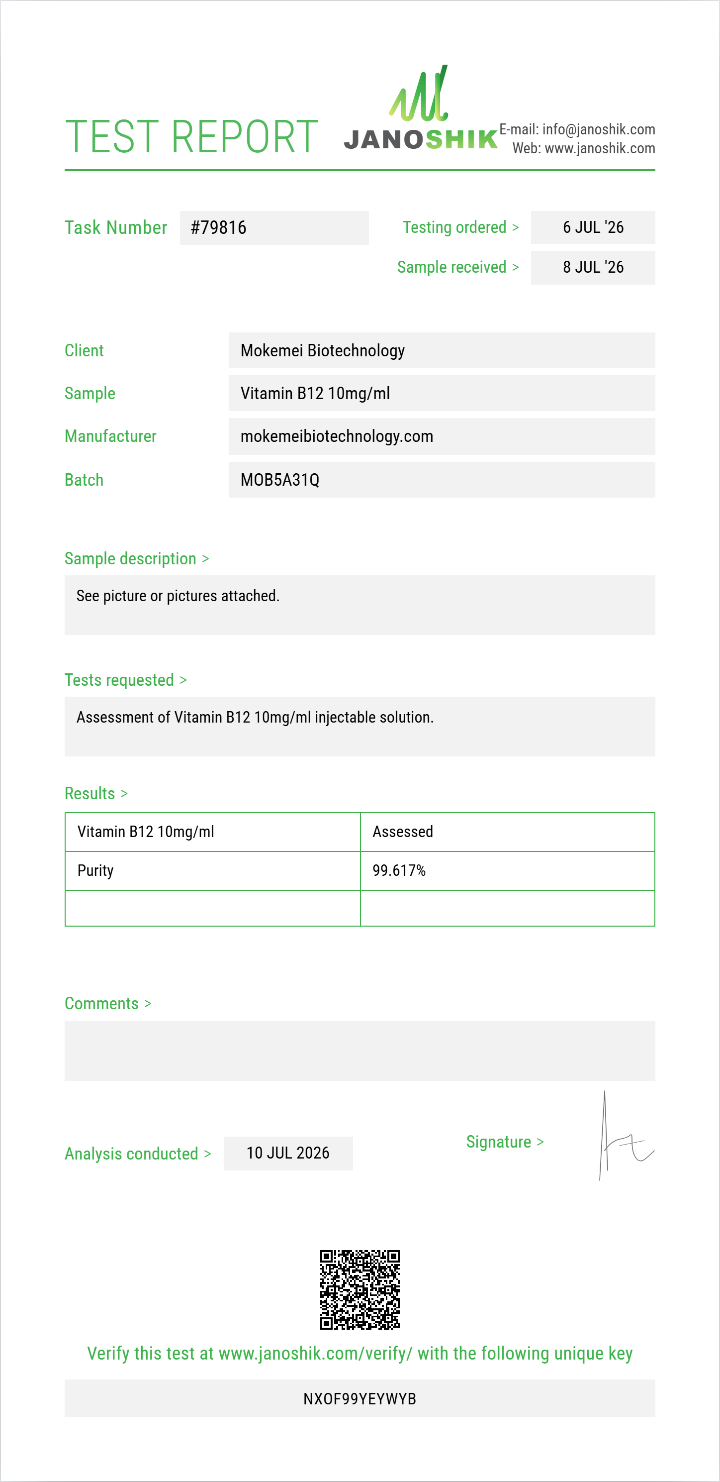 Vitamin B12 10mg/ml Purity (HPLC) report by Janoshik Analytical