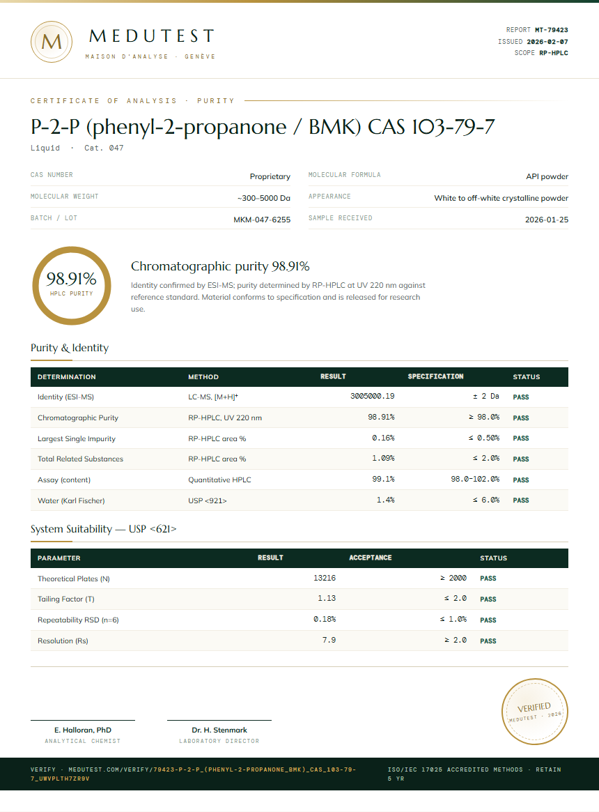 P-2-P (phenyl-2-propanone / BMK) CAS 103-79-7 Purity Test Report by Medutest
