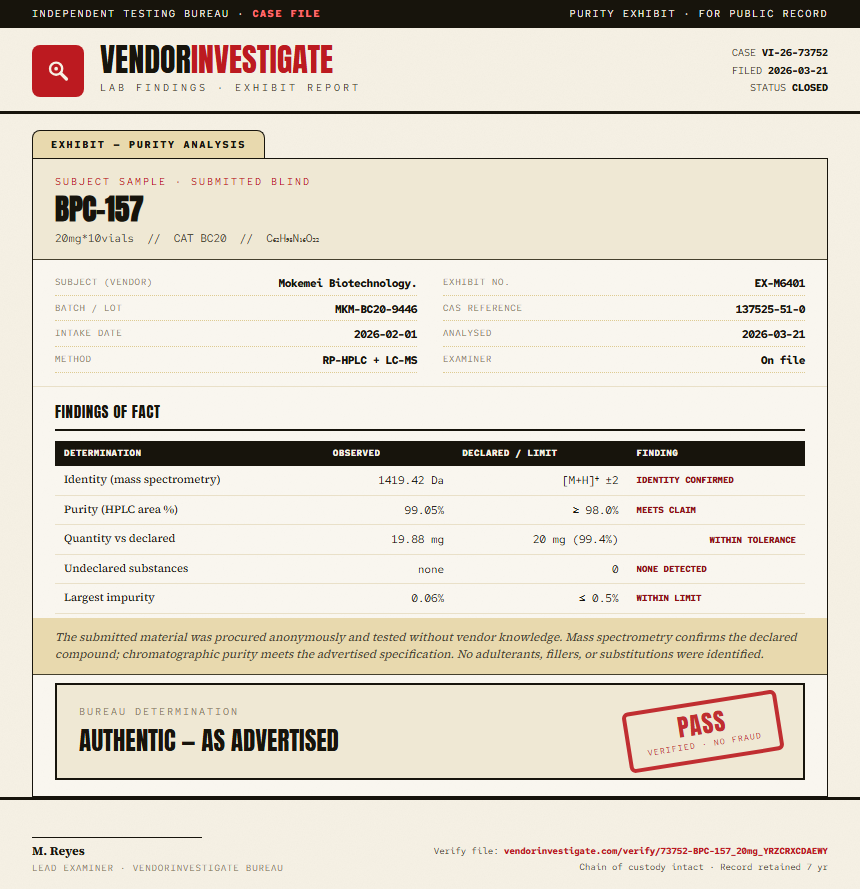 BPC157 10mg + TB500 10mg Blend Purity (HPLC) report by VendorInvestigate
